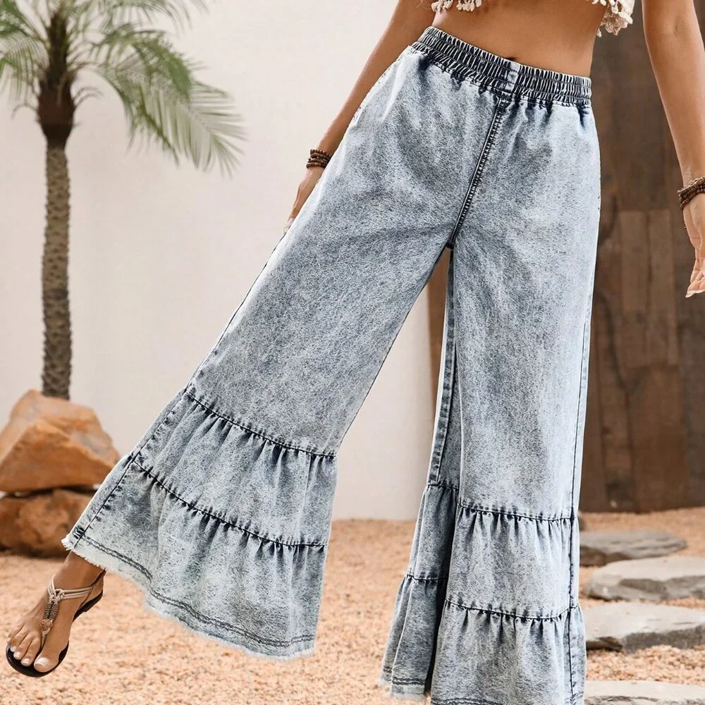 Light Wash Boho Women's Casual Elastic Waist Pocket Wide Leg Denim Pants